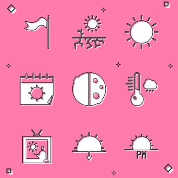 Set Meteorology windsock wind vane, Drought, Sun, Calendar and sun, Eclipse.. 스톡 일러스트