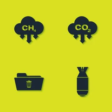 Set Methane emissions reduction, Aviation bomb, Delete folder and CO2 in clou Stock Illustration