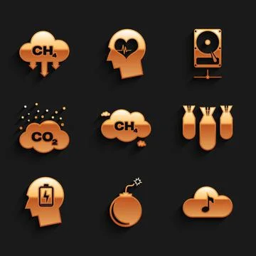 Set Methane emissions reduction, Bomb ready to explode, Music streaming service Illustrazione stock