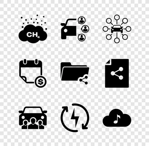 Set Methane emissions reduction, Car sharing, , , Recharging and Music streaming Ilustración de archivo