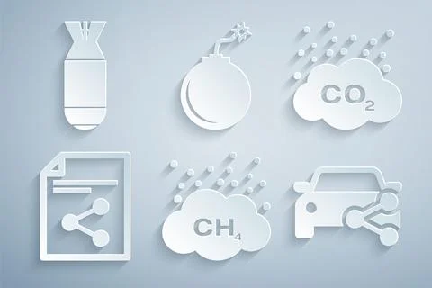 Set Methane emissions reduction, CO2 in cloud, Share file, Car sharing, Bomb Stock Illustration