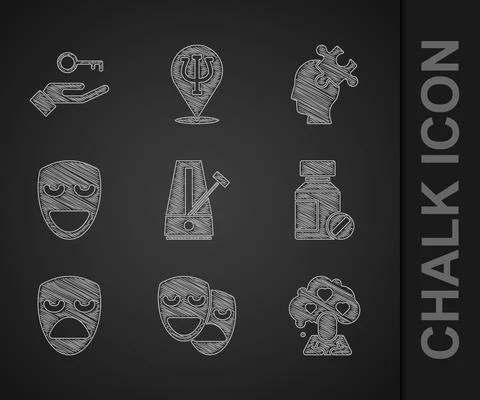 Set Metronome with pendulum, Comedy and tragedy masks, Broken heart or divorce Illustrazione stock