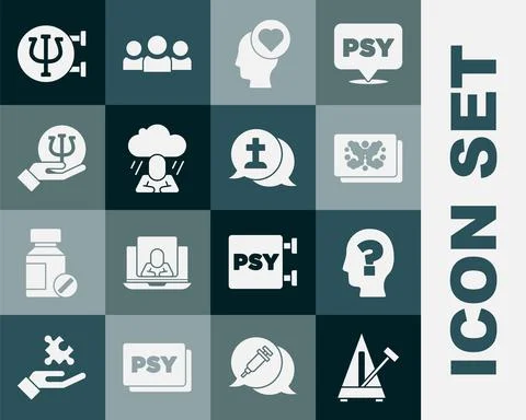 Set Metronome with pendulum, Head question mark, Rorschach test, Broken heart Illustrazione stock