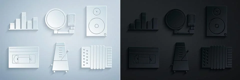 Set Metronome with pendulum in motion, Stereo speaker, VHS video cassette tape Illustrazione stock