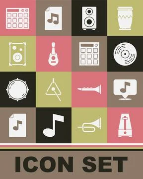 Set Metronome with pendulum, Musical note, Vinyl disk, Stereo speaker, Guitar Stock Illustration