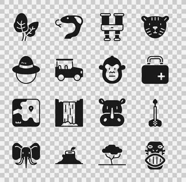 Set Mexican mayan or aztec mask, Arrow, First aid kit, Binoculars, Safari c.. Stock Illustration