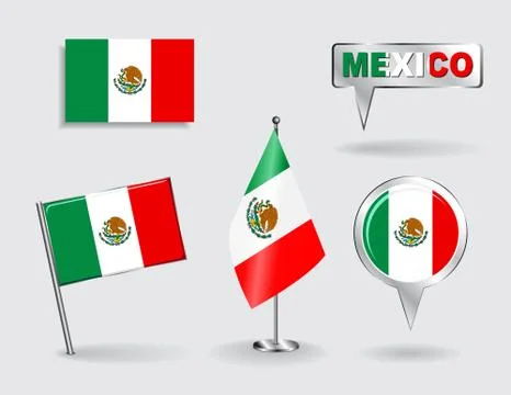 Set of Mexican pin, icon and map pointer flags. Vector Stock Illustration