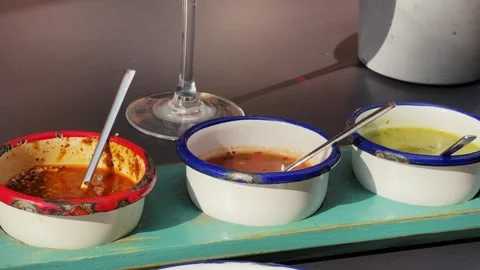 Set of mexican sauces are displayed on a table in a restaurant. Salsa macha 스톡 동영상 316833907