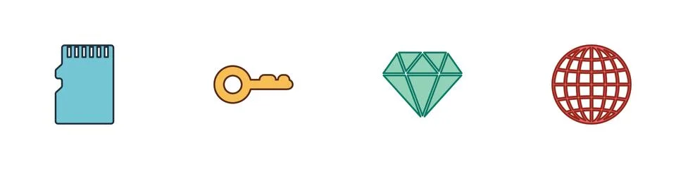 Set Micro SD memory card, Key, Diamond and Earth globe icon. Vector Illustrazione stock