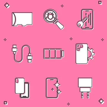 Set Micro SD memory card, System bug, Glass screen protector, USB cable cord Illustrazione stock