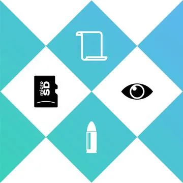Set Micro SD memory card, Bullet, Paper scroll and Eye icon. Vector Stock Illustration