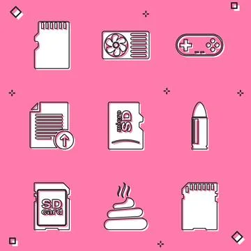 Set Micro SD memory card, Air conditioner, Gamepad, Upload file, and Bullet icon Illustrazione stock