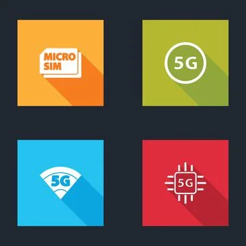 Set Micro Sim Card, 5G network, and Processor icon. Vector Stock Illustration