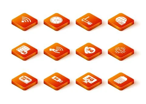 Set Micro Sim Card, 5G modem, Server network, Monitor with, Phone, card and Stock Illustration