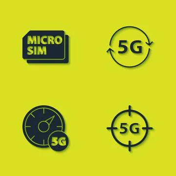 Set Micro Sim Card, 5G network, Digital speed meter and  icon. Vector Иллюстрация