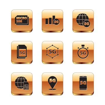 Set Micro Sim Card, Globe 5G, Location network, Mobile with and icon. Vector Illustrazione stock