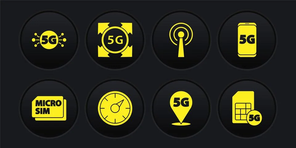 Set Micro Sim Card, Mobile with 5G network, Digital speed meter, Location Stock Illustration