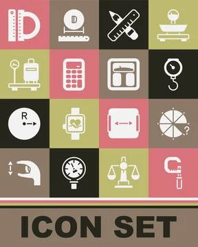 Set Micrometer, Circle of pieces, Hand scale spring mechanical, Crossed ruler Stock Illustration