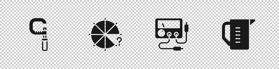Set Micrometer, Circle of pieces, Multimeter, voltmeter and Measuring cup icon Illustrazione stock