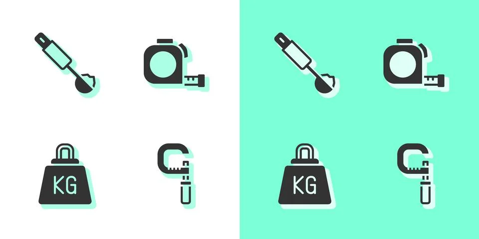 Set Micrometer, Measuring spoon, Weight and Roulette construction icon. Vecto Illustrazione stock
