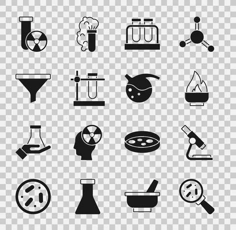 Set Microorganisms under magnifier, Microscope, Alcohol spirit burner, Test tube 库存插图