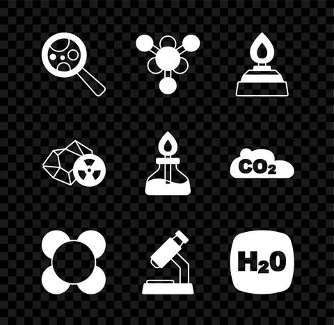 Set Microorganisms under magnifier, Molecule, Alcohol spirit burner, Microscope Stock Illustration