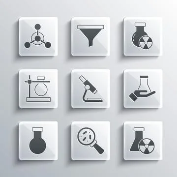 Set Microorganisms under magnifier, Test tube radiation, and flask, Microscope Stockillustratie