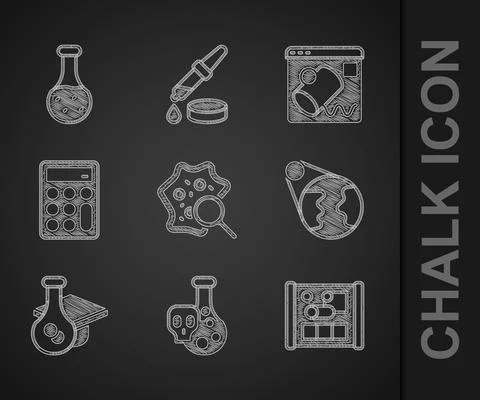Set Microorganisms under magnifier, Test tube with toxic liquid, Graphing paper Stock Illustration