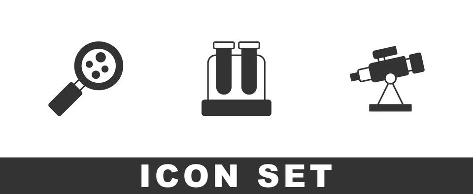 Set Microorganisms under magnifier, Test tube and Telescope icon. Vector 스톡 일러스트