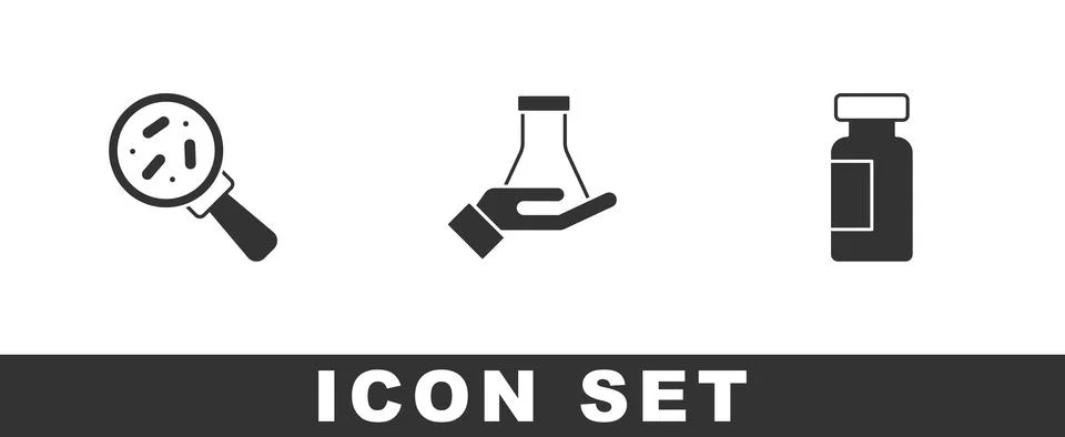 Set Microorganisms under magnifier, Test tube and flask and icon. Vector Illustrazione stock
