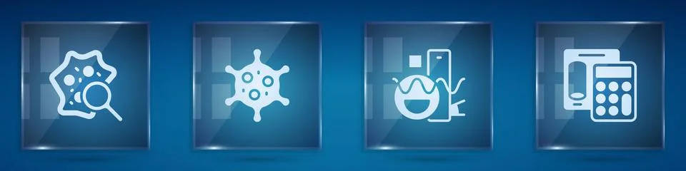 Set Microorganisms under magnifier, Virus, Basic geometric shapes and Calculator Stock Illustration