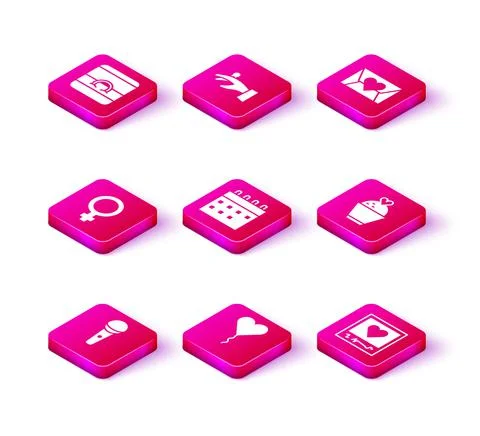 Set Microphone, Balloon in form of heart, Female gender symbol, Calendar, Photo Stock-Illustration