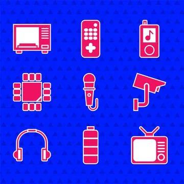 Set Microphone, Battery charge level indicator, Retro tv, Security camera 스톡 일러스트