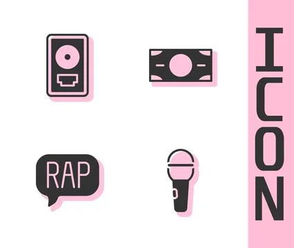 Set Microphone, CD disk award in frame, Rap music and Stacks paper money ca.. Illustrazione stock
