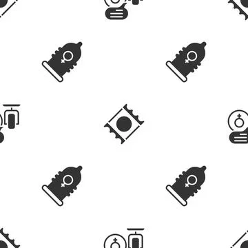 Set Microphone, Condom in package and on seamless pattern. Vector Illustrazione stock