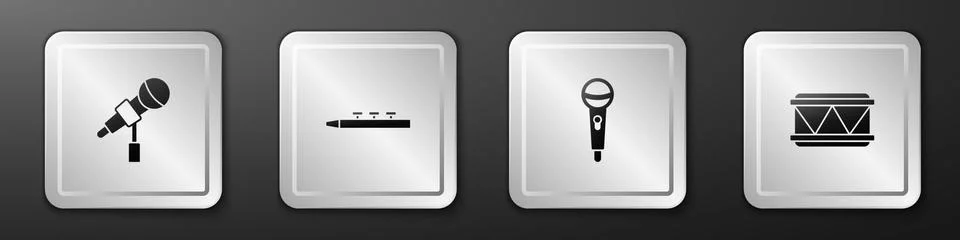 Set Microphone, Drum and drum sticks, and icon. Silver square button. Vector Illustrazione stock