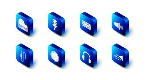 Set Microphone, Drum, Speaker volume, Trumpet, Headphones, Dial knob level Stock Illustration