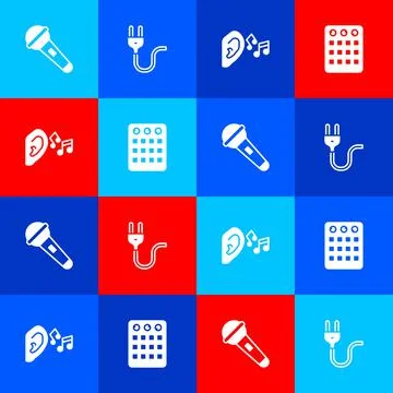 Set Microphone, Electric plug, Ear listen sound signal and Drum machine icon Stock Illustration