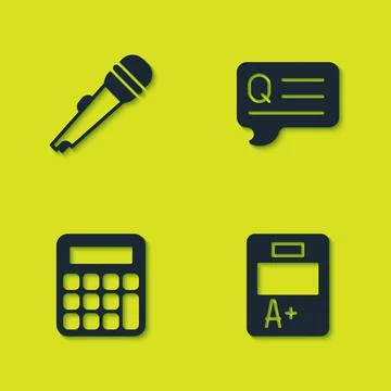 Set Microphone, Exam sheet with A plus grade, Calculator and Speech bubbles Q Stock-Illustration