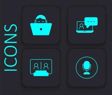 Set Microphone, Freelancer, Video chat conference and icon. Black square button Stock Illustration