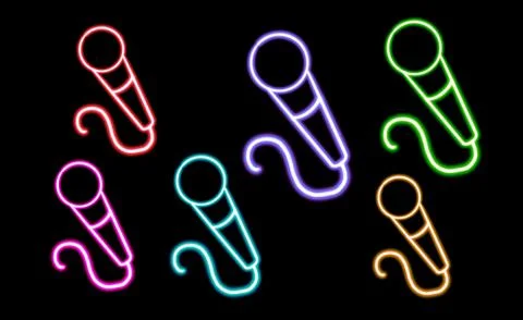 Set microphone glowing desktop icon, neon podcast sticker, neon recording studio Stock Illustration