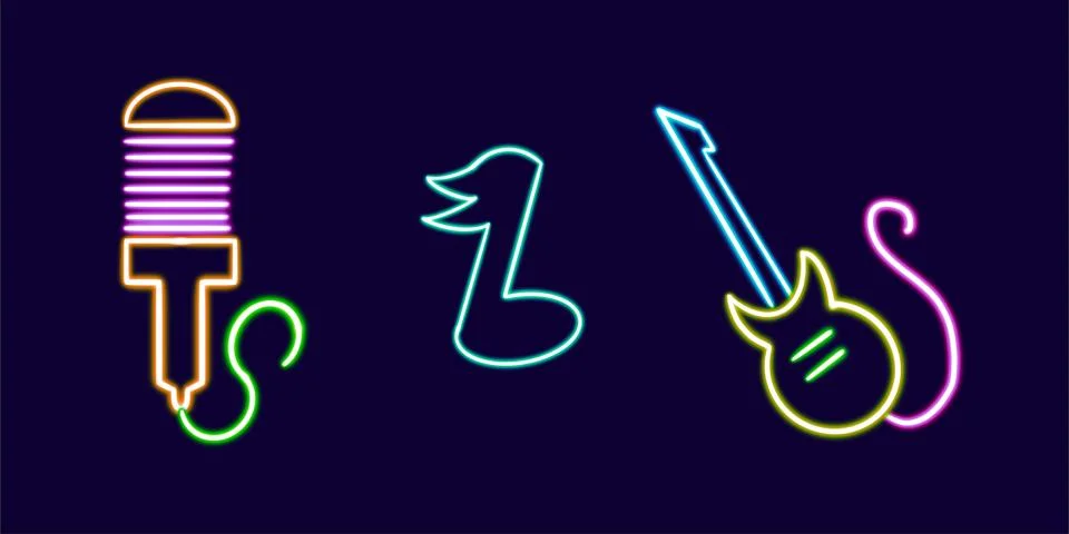 Set microphone glowing desktop icon, neon podcast sticker, neon recording studio Stock Illustration