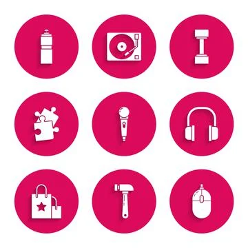 Set Microphone, Hammer, Computer mouse, Headphones, Paper shopping bag, Piece of Stock Illustration