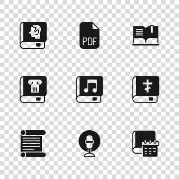 Set Microphone, Holy bible book, Daily paper notepad, Audio, Open, Law, PDF.. Stock Illustration