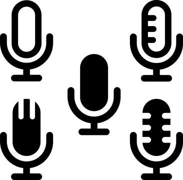 Set Microphone icon. Group Studio table microphone. Collection Podcast radio Stock Illustration