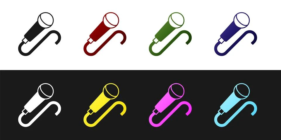 Set Microphone icon isolated on black and white background. On air radio mic 스톡 일러스트