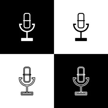 Set Microphone icon isolated on black and white background. On air radio mi.. Stock Illustration