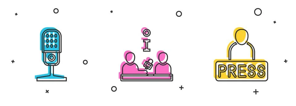 Set Microphone, Interview and Journalist news icon. Vector Stock Illustration