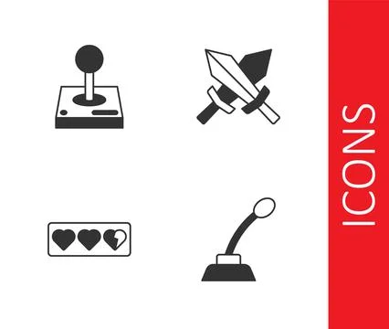 Set Microphone, Joystick for arcade machine, Game life bar and Sword game icon Ilustração Stock