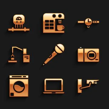 Set Microphone, Laptop, Security camera, Photo, Washer, Robotic robot arm hand 스톡 일러스트